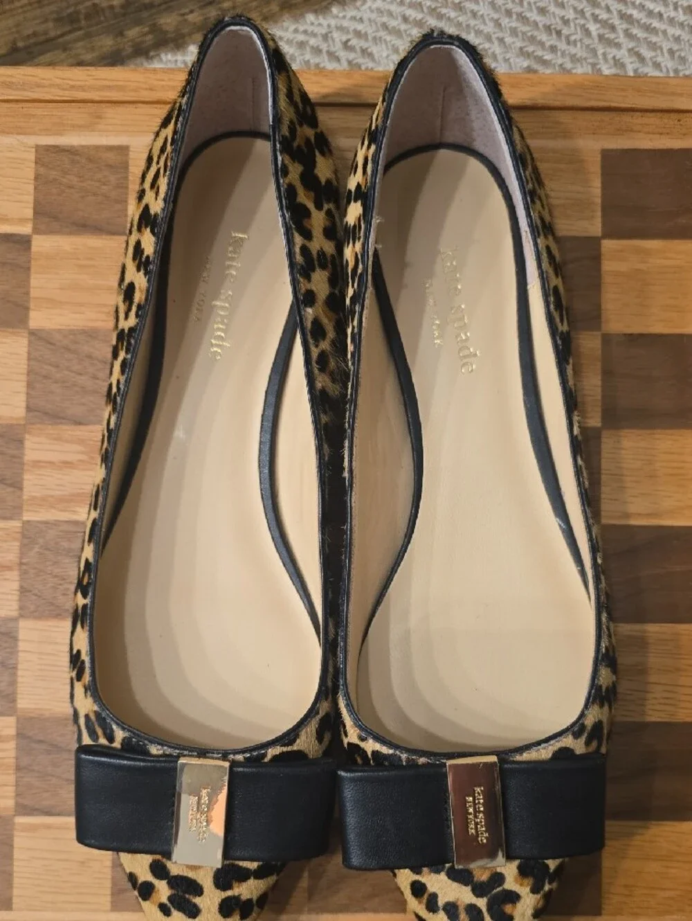 kate spade Size 9 Leopard-Print Pointed Toe Flats with Black Bow Accent